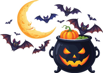 Fototapeta premium Halloween cauldron with jack-o'-lantern face and bats flying around