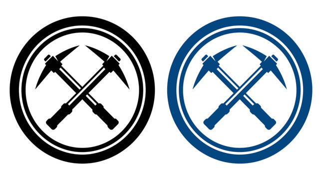 A minimalist vector logo featuring two crossed mining pickaxes.