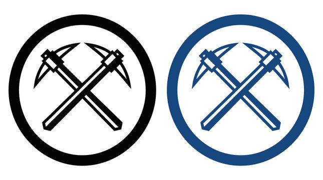 A minimalist vector logo featuring two crossed mining pickaxes.