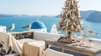 Fototapeta premium Seaside Christmas Tree Decoration with Seagulls and Blue Aegean Sea View