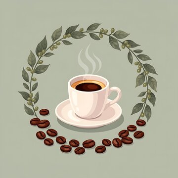 Coffee cup with coffee beans and laurel wreath illustration for International Coffee Day