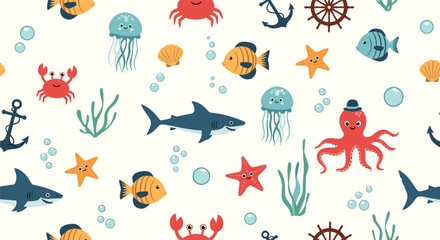 Naklejka premium Seamless pattern of friendly ocean creatures and nautical symbols like anchors and steering wheels on a light background.