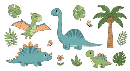Obraz premium Collection of cute cartoon dinosaurs including brontosaurus and stegosaurus with tropical leaves and palm tree elements on white background.