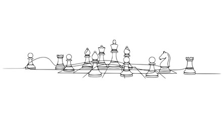 Continuous Line Drawing of Chess Pieces on White Background - Strategy Concept © Ahmad