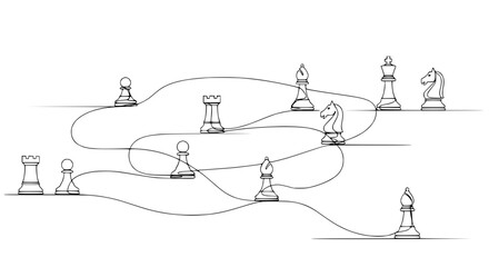 Hand-drawn chess pieces connected by lines, representing strategy and planning. © Ahmad