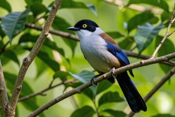 Fototapeta premium Silver-breasted Broadbill bird perches on tree branch. Small creature with black head white neck blue wings. Exotic fauna in rich green jungle habitat.