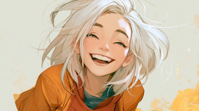 A cheerful young girl with long, flowing white hair, wearing a vibrant orange hoodie, is joyfully smiling and laughing, with her hair blowing in the wind against a light background.