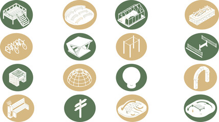 Playground and Park Equipment Collection with Bench, Greenhouse, Picnic Table, Fence, Archway, Signpost, and Garden Vector Icon Set © MdJalal