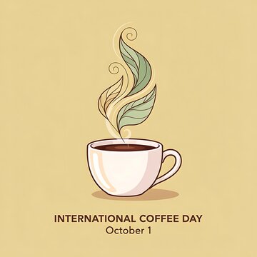 International Coffee Day illustration with steaming cup and leaves on a beige background