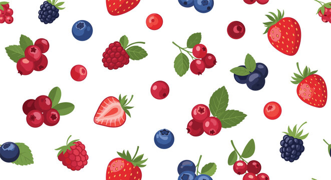 Seamless pattern of various berries including strawberries, blueberries, raspberries, and blackberries scattered across a white background.