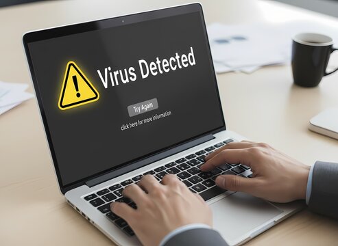 A business professional types on a laptop keyboard while a concerning digital alert warning about an active computer infection flashes prominently across the screen during a busy workday