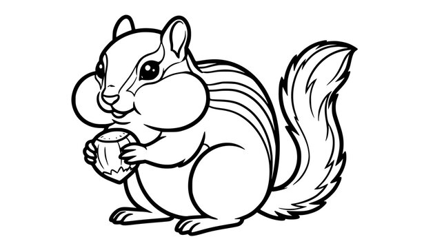 Cute chubby chipmunk holding a hazelnut line art vector coloring page illustration