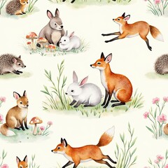 Fototapeta premium Charming watercolor illustration of forest animals including foxes rabbits and hedgehogs in nature scene