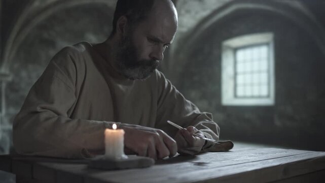 Gloomy cell inmate sharpening a quill pen with a small knife, while sitting at a rustic wooden table next to a solitary burning candle inside a chilly stone dungeon room