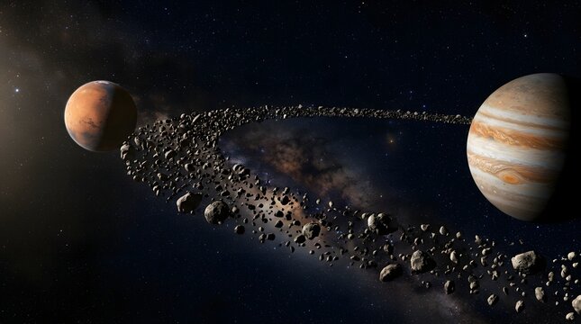 Cinematic view of an asteroid belt orbiting between a red rocky planet and a gas giant