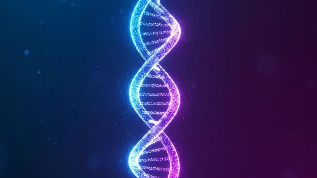 Glowing particle DNA double helix rotating on dark gradient background