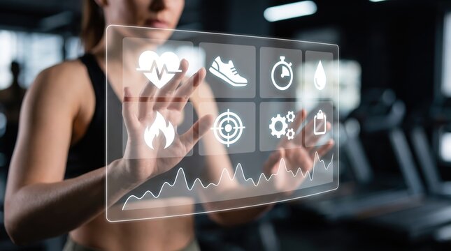 Digital Fitness Health Analytics: Smart Gym Workout Activity Tracking, Real Time Cardio Heart Rate Performance Monitoring, and Personal Athletic Training Goal Management using Glowing Hologram 