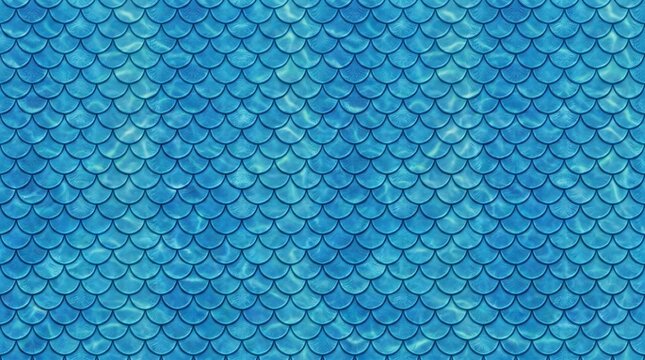 Close up abstract underwater texture with turquoise blue scale pattern in seamless mosaic style