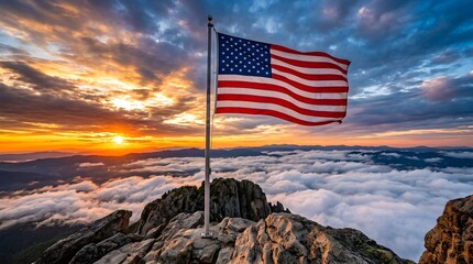 American flag waving on mountain peak at sunset dramatic sky and cloudscape