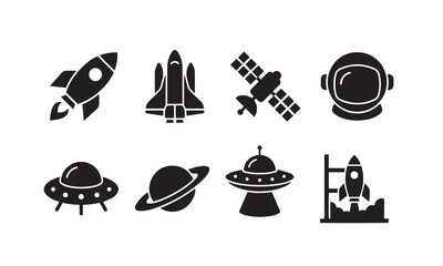Space exploration icons including rockets planets astronaut helmet UFO satellite. © MdSaimon