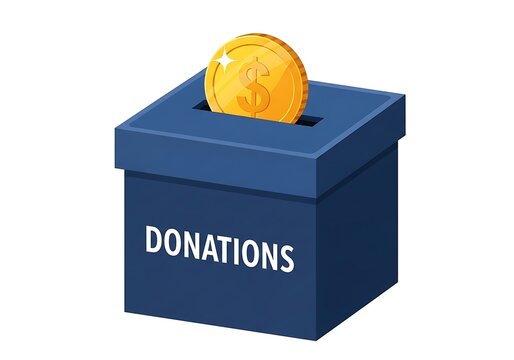Donation box with a gold coin being inserted isolated on white background