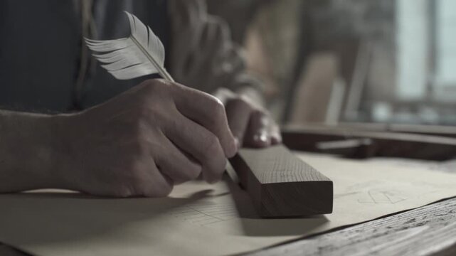 Close up of inventor hands drawing a straight line with a quill pen along a wooden measuring square tool on parchment paper inside a medieval artist studio