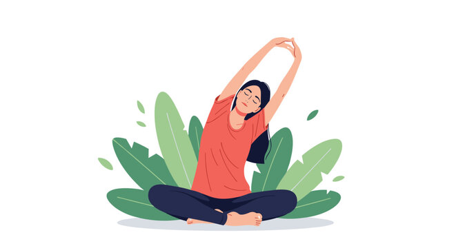 Woman sitting on the floor in a cross-legged position and stretching her arms to the side among large green tropical leaves for yoga.