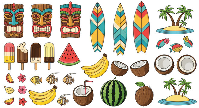 Collection of tropical beach and summer items featuring tiki masks, surfboards, cocktails, and various exotic fruits on white background.