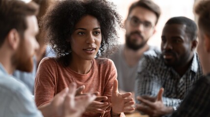 Fototapeta premium A diverse group of people engaged in a conversation, seated around a table in a casual setting.