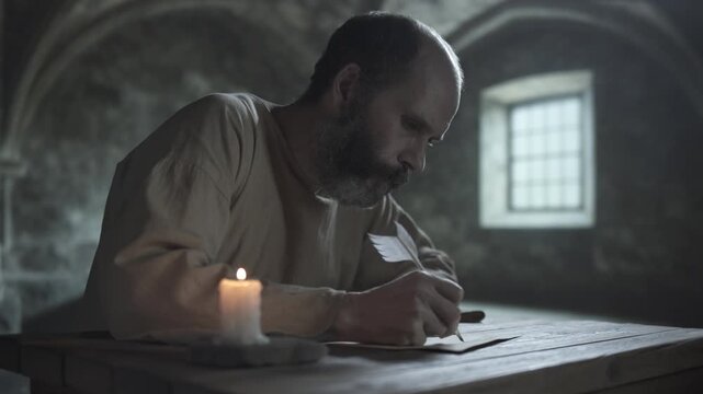 Mature medieval man writing with a quill pen on parchment on a rustic wooden table next to a solitary burning candle, inside a gloomy dungeon