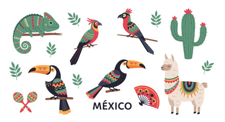 Fototapeta premium Collection of Mexican themed animals and objects including chameleon, birds, llama, cactus, maracas, and a hand fan on white.