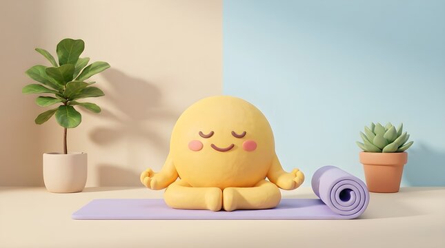 Serene yellow character meditating with plants yoga mat and pastel background for wellness concepts