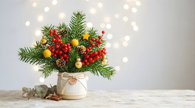 Festive christmas floral arrangement in ceramic pot with holiday ornaments and winter berries