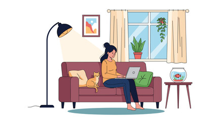 Fototapeta premium Freelancer woman sitting on a purple sofa with her cat while working on a laptop in a cozy living room with a fish tank and plants.