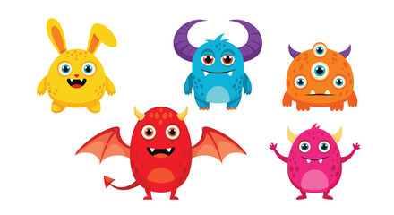 Fototapeta premium Set of five adorable and colorful cartoon monsters with unique horns, wings, eyes, and playful expressions on a white background.