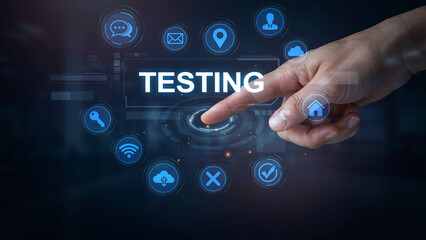 Fototapeta premium A person interacting with a futuristic digital interface featuring the word testing surrounded by various abstract blue technology icons in a dark space