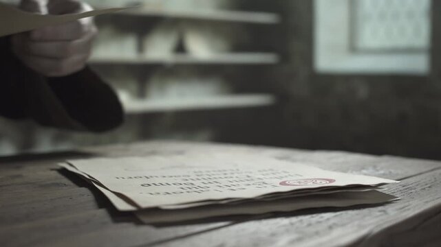 Close up of medieval monk hands putting a handwritten parchment page on a stack of liturgical manuscripts on a rough wooden desk, inside a dark scriptorium