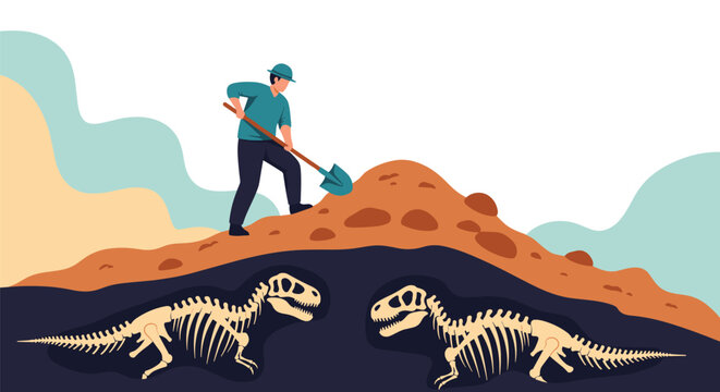 Professional archaeologist digging with a shovel on a hill to uncover prehistoric dinosaur skeletons buried underground.