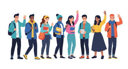 Obraz premium Diverse group of happy college students with backpacks and books standing together and waving a friendly greeting.