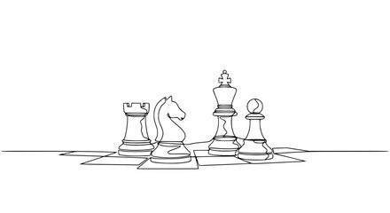 Minimalist single line drawing of chess pieces on a chessboard, strategy concept © Dodo