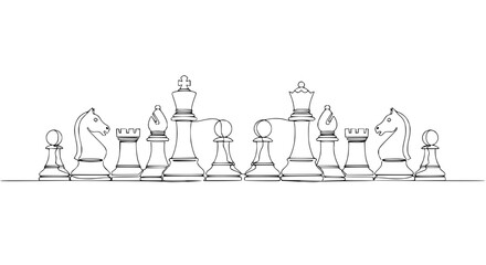 Continuous Line Drawing of Chess Pieces Set Against White Background © Dodo