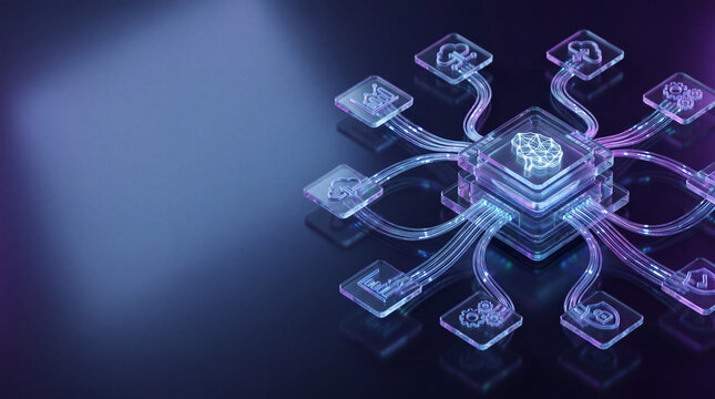Artificial intelligence chip with fiber optic connections, rendered in with glowing purple and blue neon lights on a dark background for cloud computing and data network concepts
