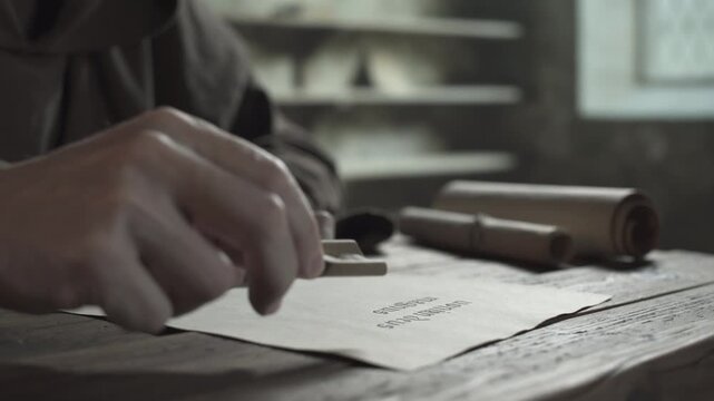 Hands of a medieval copyist scattering drying sand from a wooden scoop onto handwritten Latin text lines on a parchment sheet, inside a dark scriptorium