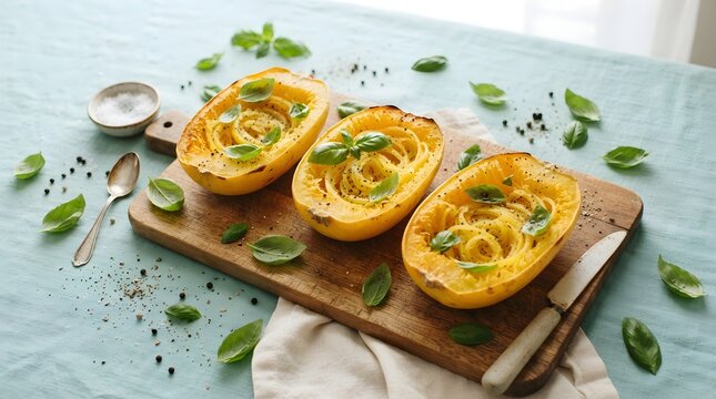 Roasted spaghetti squash halves with fresh basil and seasonings on a wooden cutting board