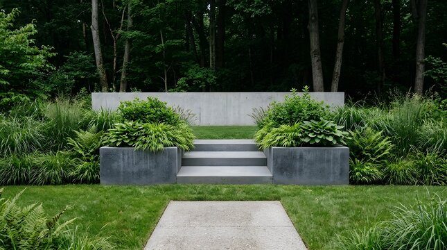 Modern landscape architecture featuring concrete steps and lush greenery in a serene outdoor setting