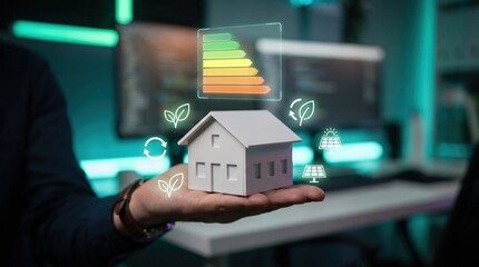 Obraz premium Sustainable Property Architecture Management: Holographic Eco Energy Efficiency Rating Scale, Green Infrastructure Solar Power Icons, and Residential Real Estate Cost Valuation in Modern Workspace