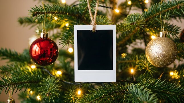 Festive christmas tree decorations with blank polaroid frame for holiday memories and seasonal greetings