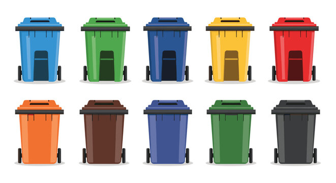 Set of colorful recycling trash bins for waste sorting including blue green red yellow orange and brown containers on wheels.