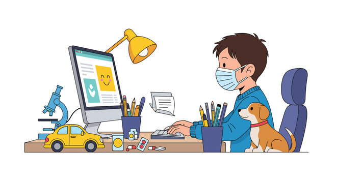 Young boy wearing a medical mask sitting at a desk and working on a computer with his pet dog by his side on white background.
