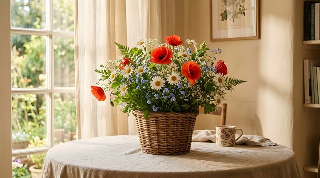 Abundant wildflower arrangement in woven basket by window cottagecore interior decor still life